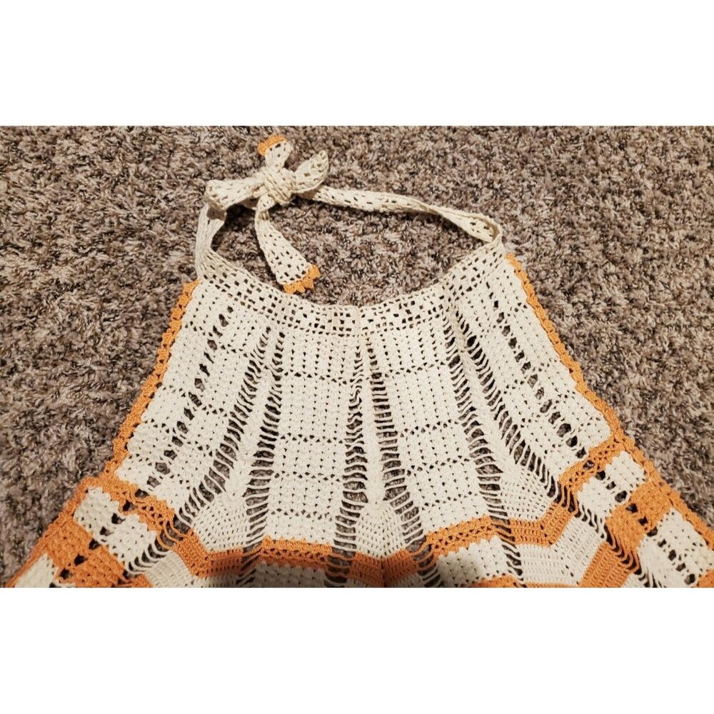 Vtg Orange & Beige Crochet Waist Tie Apron Housewife Granny Pin Up